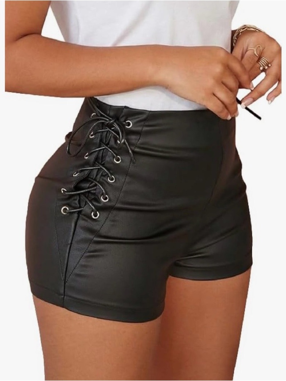 High-Waist Black Faux Leather Lace-Up Shorts
